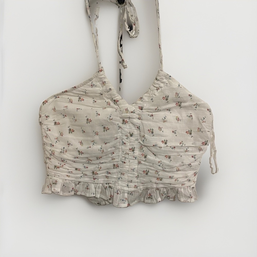 American Eagle White Floral Ruched Halter Top Cottagecore‎ Size S